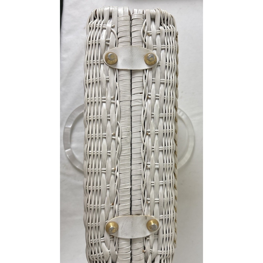 Vintage 60s Wicker Woven Shell Bag Lucite Handles White Retro Statement Beach - Picture 7 of 13